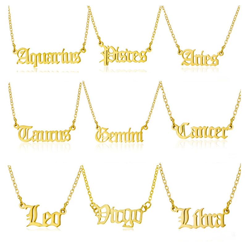 

12 Zodiac Letters Pendant Necklace Old English Scorpio Aries Taurus Gemini Cancer Leo Choker Horoscope Signs Necklace Friendship