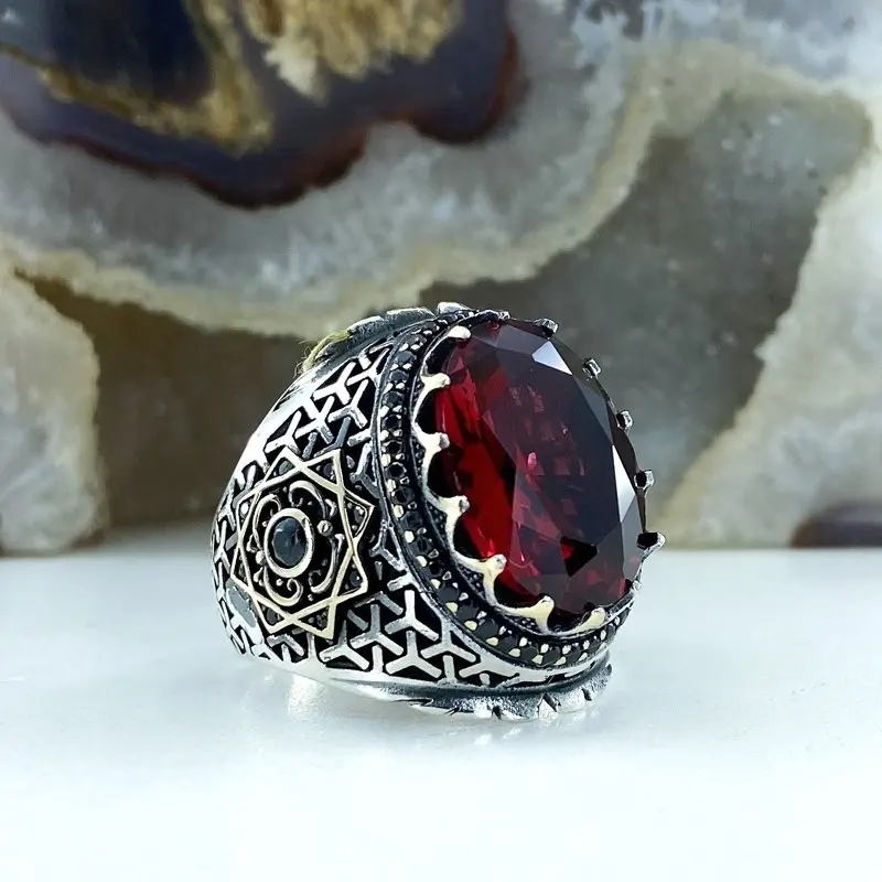 Рубиновый цвет Овальный циркон камень ручной работы серебряное мужское кольцо |