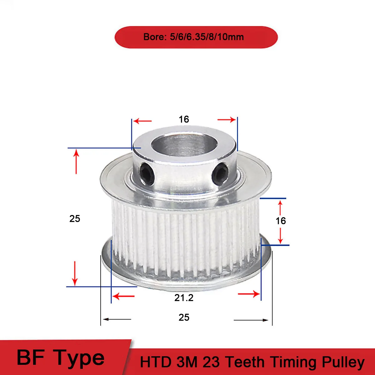 

1Pcs 23 Teeth HTD 3M BF Type Synchronus Wheel Idler Pulley Bore 5 6 6.35 8 10mm Aluminium Timing Pulley Width 16mm