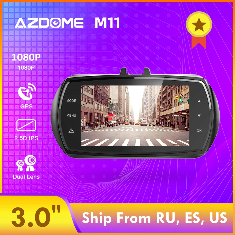 AZDOME M11 3 дюймов 2.5D ips Экран Dash Cam Видеорегистраторы для автомобилей Регистраторы HD 1080P Автомобильный видеорегистратор Регистраторы Dashcam Двойной объектив тире Камера gps