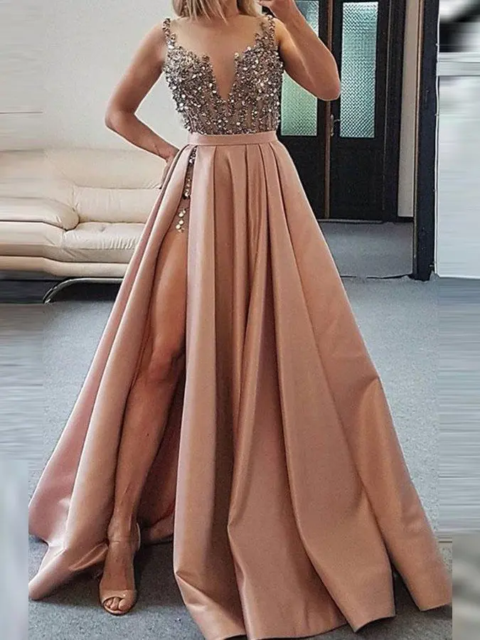 

Sparkly Beading Long Prom Dress 2022 Scoop High Side Slit Sexy Evening Gowns Satin Skirt Girls Graduation Party Gala Plus Size