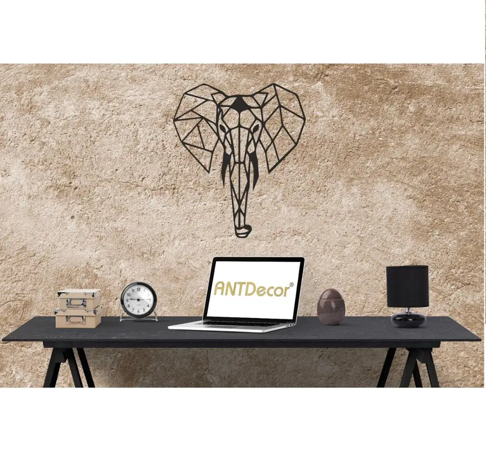 Металлический настенный рисунок в виде слона на Antdecor, 55x90 см, 2" x 35" черный, геометрический и минималистичный металлический настенный арт
