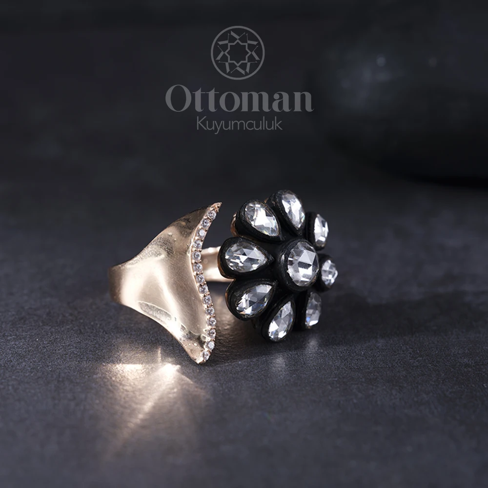 Our flower model is Diamond Patterned 925 Sterling Silver Zircon Stones mounted on Rose and Black Rodjum Plated on Silver