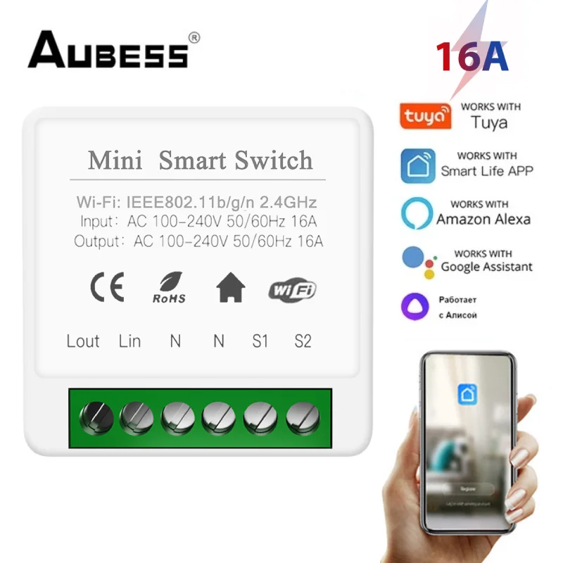 

Мини Wi-Fi-переключатель Aubess, 16 А, с поддержкой приложения Tuya /Smart Life