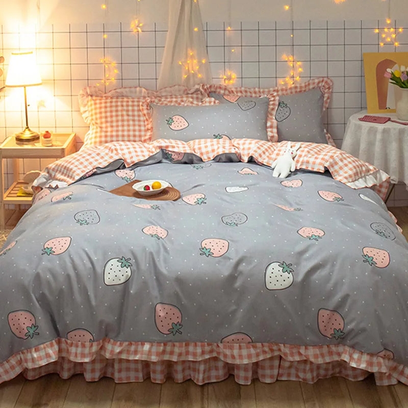 

Wervity Simple four-piece full-brushed princess style duvet cover sheet bed skirt skin-friendly bedding set