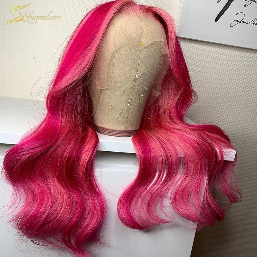 

Ombre Highlight Pink Red Colored Water Wave Lace Front Wig Straight HD Transparent Lace Frontal Wig Human Hair Pre Plucked Full
