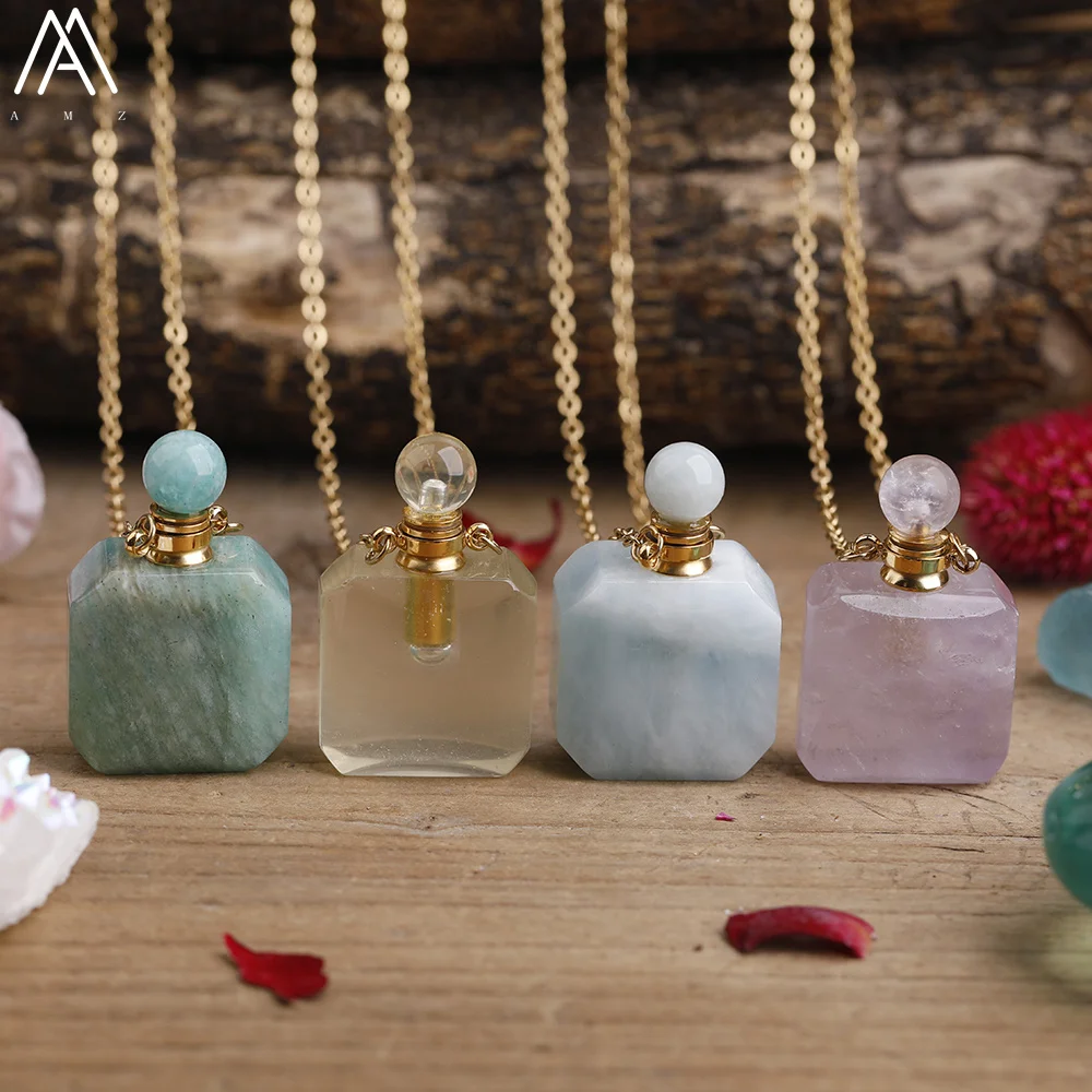 

Healing Crystal Rectangle Essential Bottle Pendant Necklace Women Amazonite Tiger Eye Perfume Necklace Fashion Jewelry Dropship