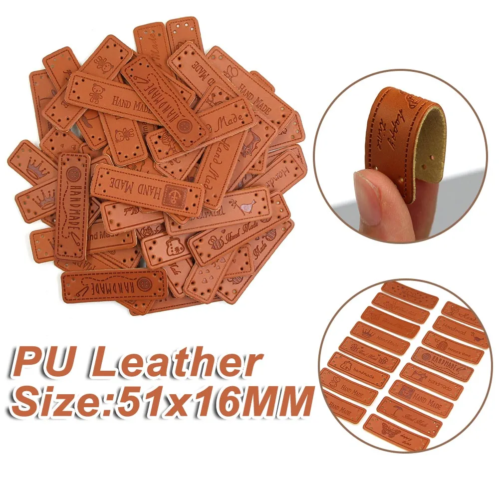 50Pcs Labels Cartoon Pattern Handmade Label Brown PU Leather For Clothes 51x16MM Hand Made Clothing Tag Sew Accessories | Дом и сад