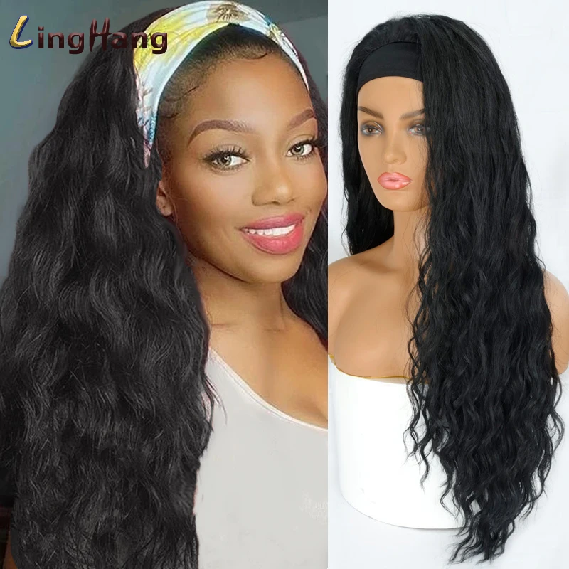 

LINGHANG Curly Headband Wig Long Water Wave Hairstyle Wigs Synthetic Fiber For African American Women Wigs