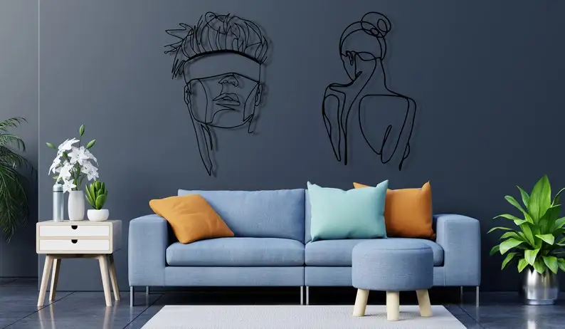 Arte de pared de l&iacute;nea, arte de pared de Metal de cara abstracta, 2 juegos, arte minimalista, decoraci&oacute;n de pared de Metal geom&eacute;trico, decoraci&oacute;n de interiores, geom&eacute;trico-1