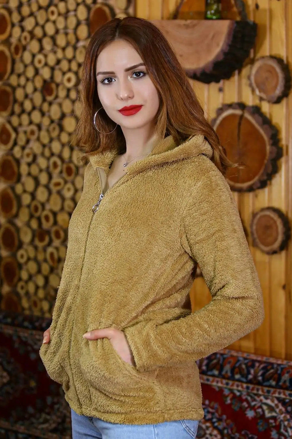 

Women's Camel Hooded Zipper Fleece Coat 2020 Autumn Winter season casual warm soft jacket pocket
