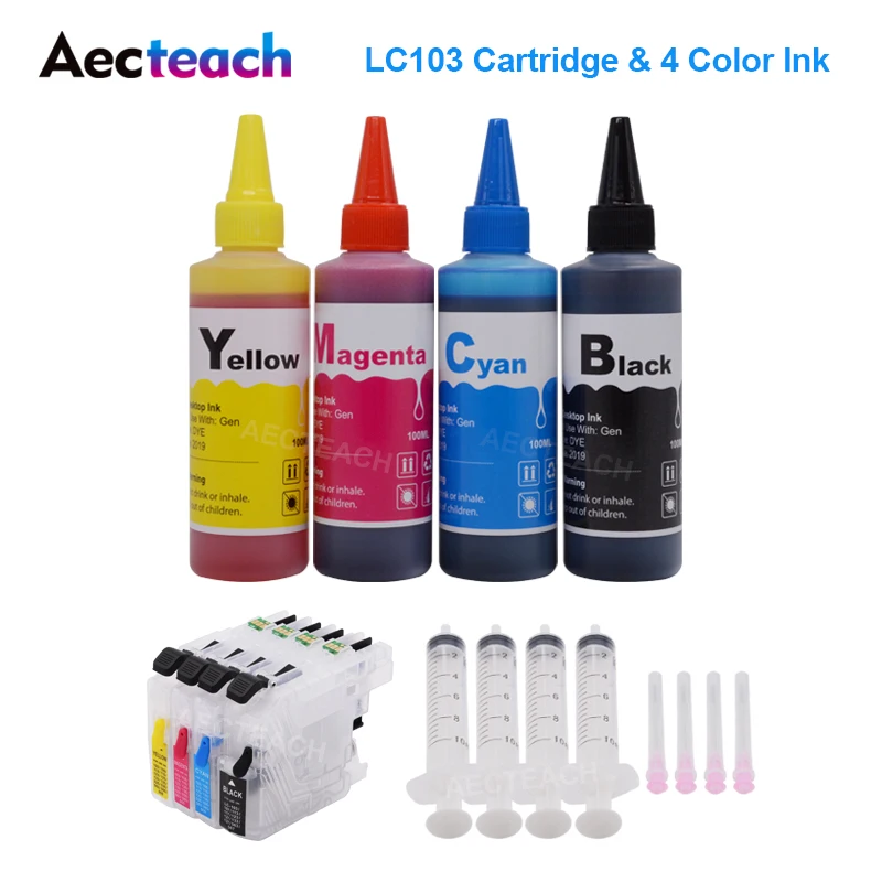 

Aecteach LC103 XL Dye Ink Cartridges For Brother LC 101 103 105 107 109 MFC-J4310DW J4410DW J4510DW Printer + 400ml Bottle Ink