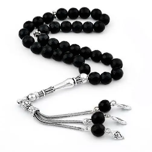 

Faceted Onyx Stone Rosary (Tasbih) with 925 Sterling Silver Tassel Fashion Turkish Premium Quality Handmade Jawelery
