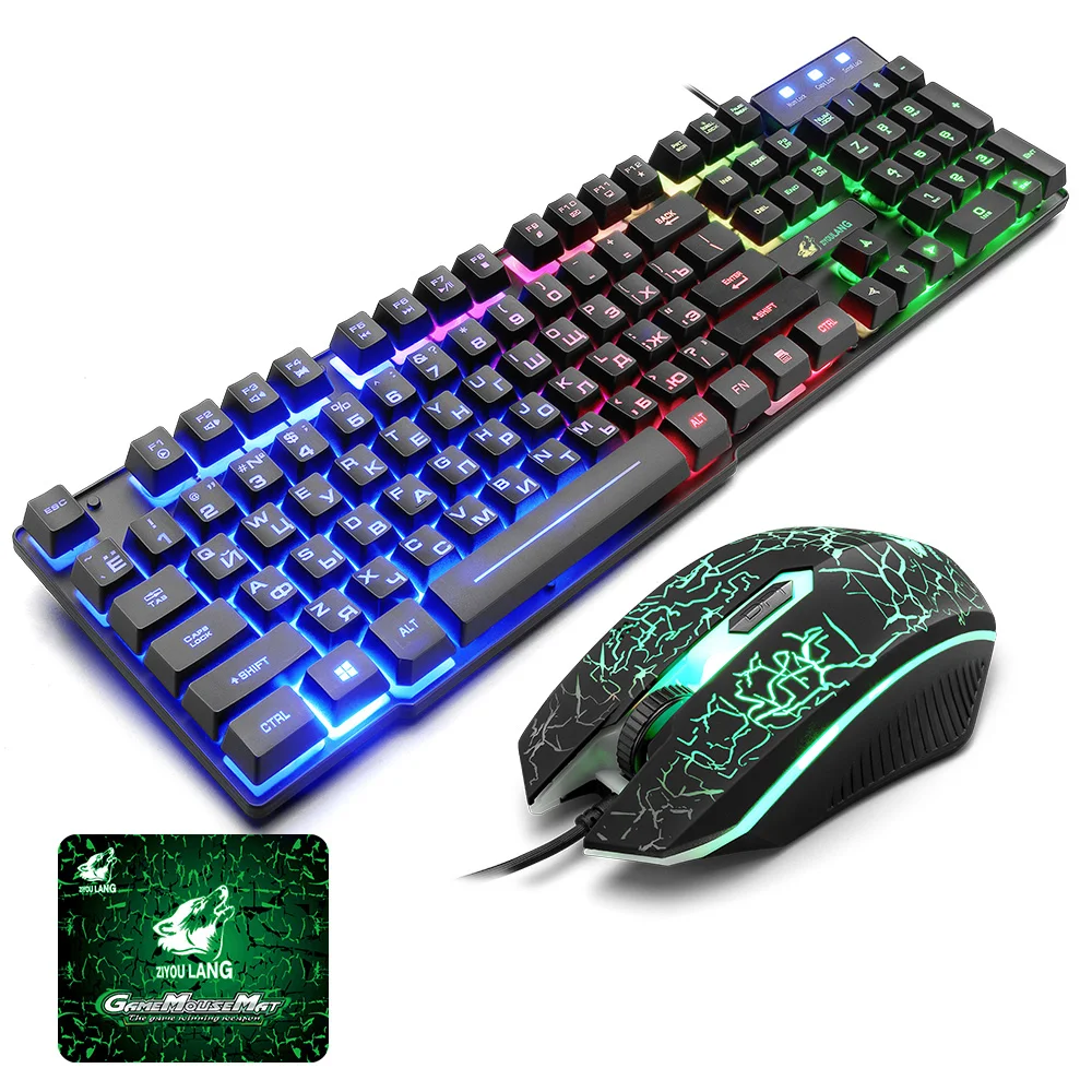 

T5 Rainbow Backlight USB Keyboard 104 keys Ergonomic Gaming English Russian Keyboard And Set for PC Laptop with Pad