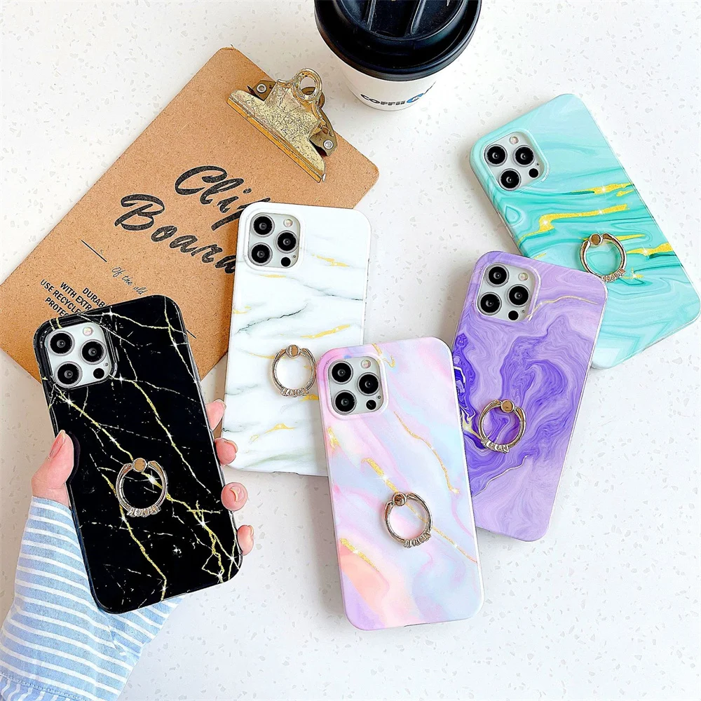 

Gradient Marble Phone Case With Finger Ring For iPhone 13 Pro 12 11 Pro Max XR XS XS Max 7 8 Plus Case Soft Phone Cover