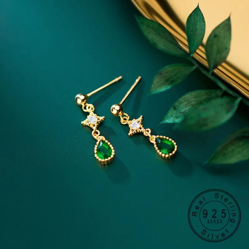 

A00304 Jazaz Потрясающие 925 стерлингового серебра в форме капли воды четыре в виде пятиконечных звезд, свисающие серьги для женщин, серьги вечерн...