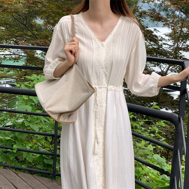 

Summer Dress Vintage Lantern Sleeve Mid-Calf Dress Beach Bohemian Women' Casual Vestido Loose Dress