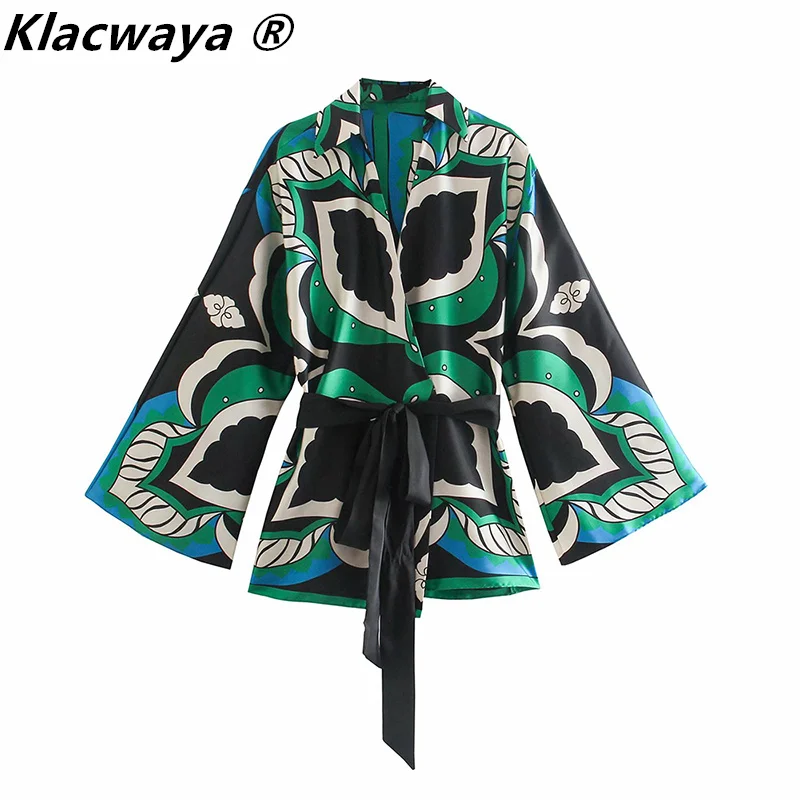 

Klacwaya Women 2021 Vintage Contrast Color Leaves Print Kimono Smock Blouse Female Chic Bow Sashes Cardigans Shirts Blusas Tops