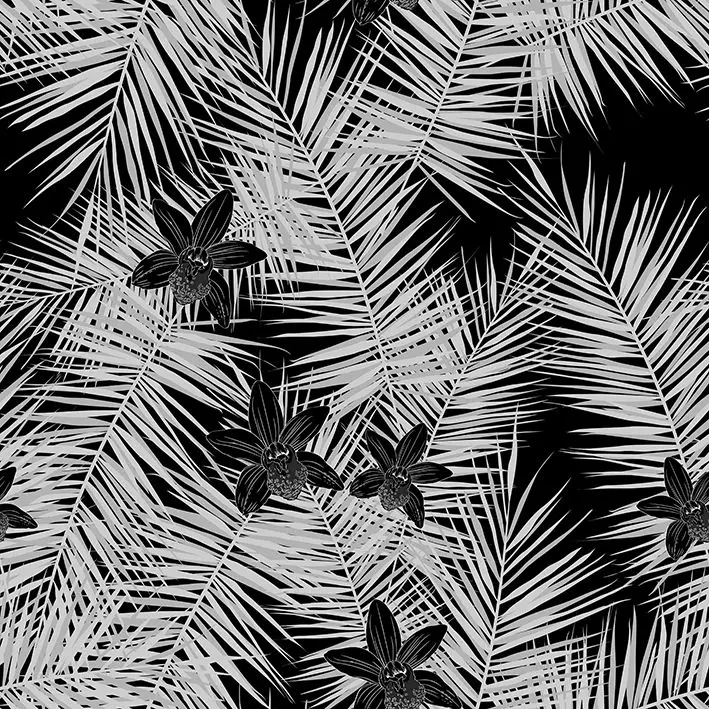 

Curtain Palm Tree Leaves and Orchid Flowers Tropical Nature Plants Black and White Floral Artwork