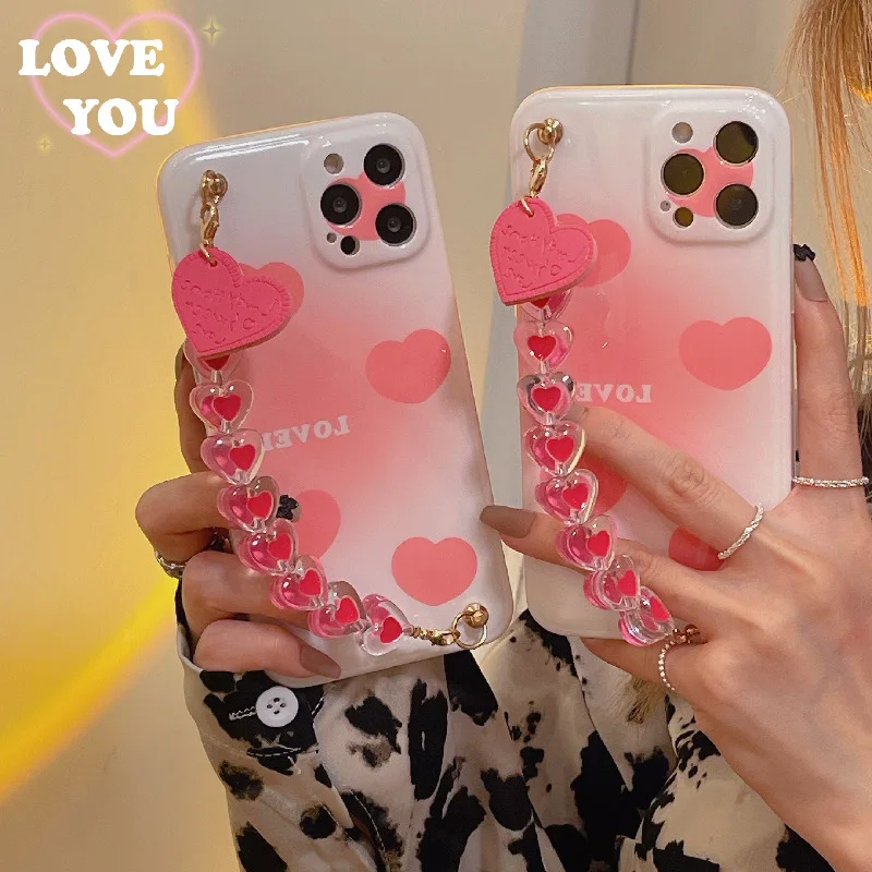 

Pink Chain Love Heart Bracelet Phone Case For iPhone 13 12Pro 11Pro Max Cover Soft IMD Back Cover For iphone XR X XS Max 7 8Plus