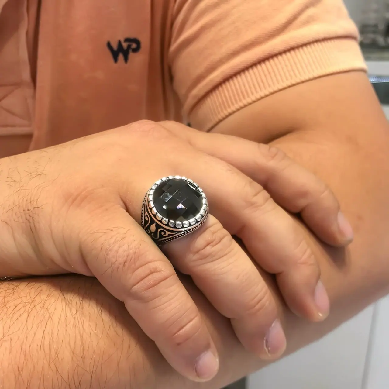 

Clarinet Button Design Onyx Stone Sterling Silver Mens Ring