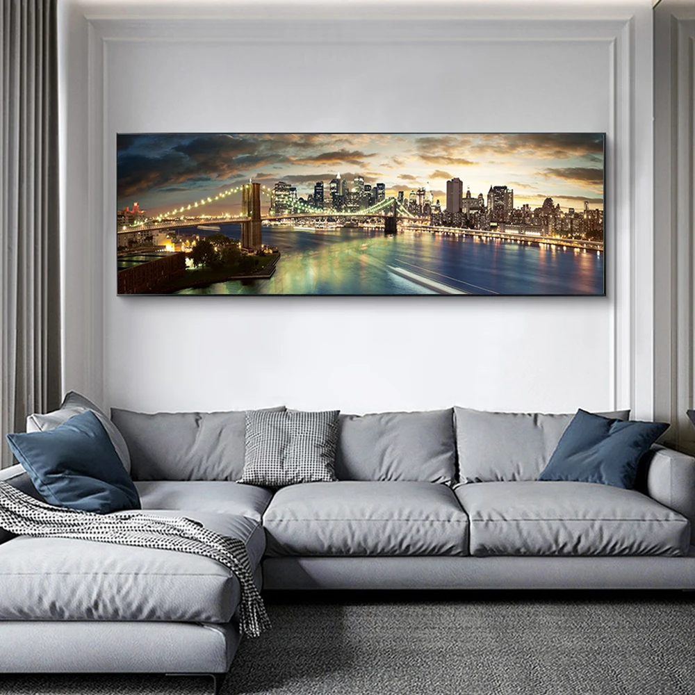 

New York City Landscape Canvas Painting Brooklyn Bridge Night View Poster Print Wall Art Pictures for Living Room Bedroom Decor