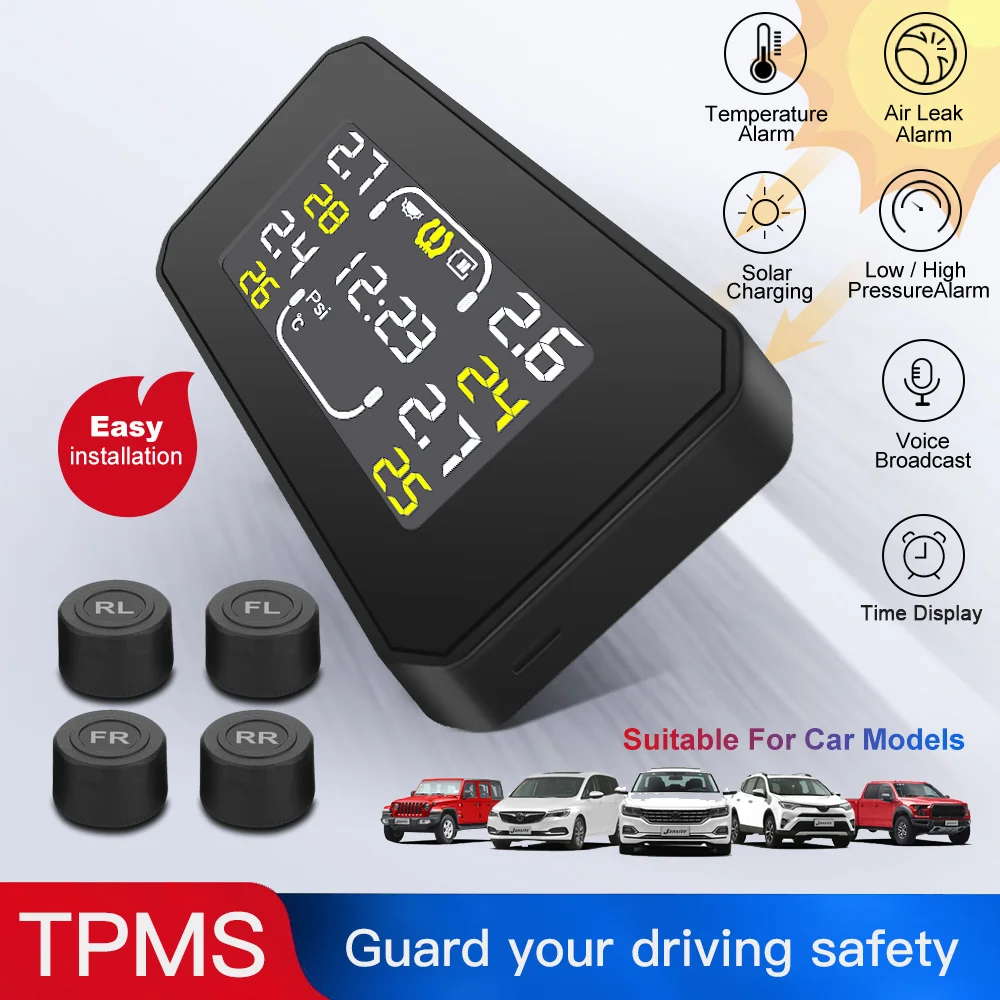 

Беспроводной автомобильный датчик давления в шинах TPMS, 4 датчика, 6,0 бар, ЖК-дисплей, датчик температуры в режиме реального времени, USB, солнеч...