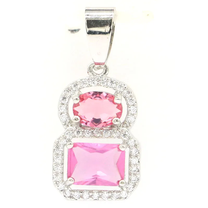 

24x12mm Lovely Cute Pink Tourmaline Blue Aquamarine White CZ Women Wedding Silver Pendant