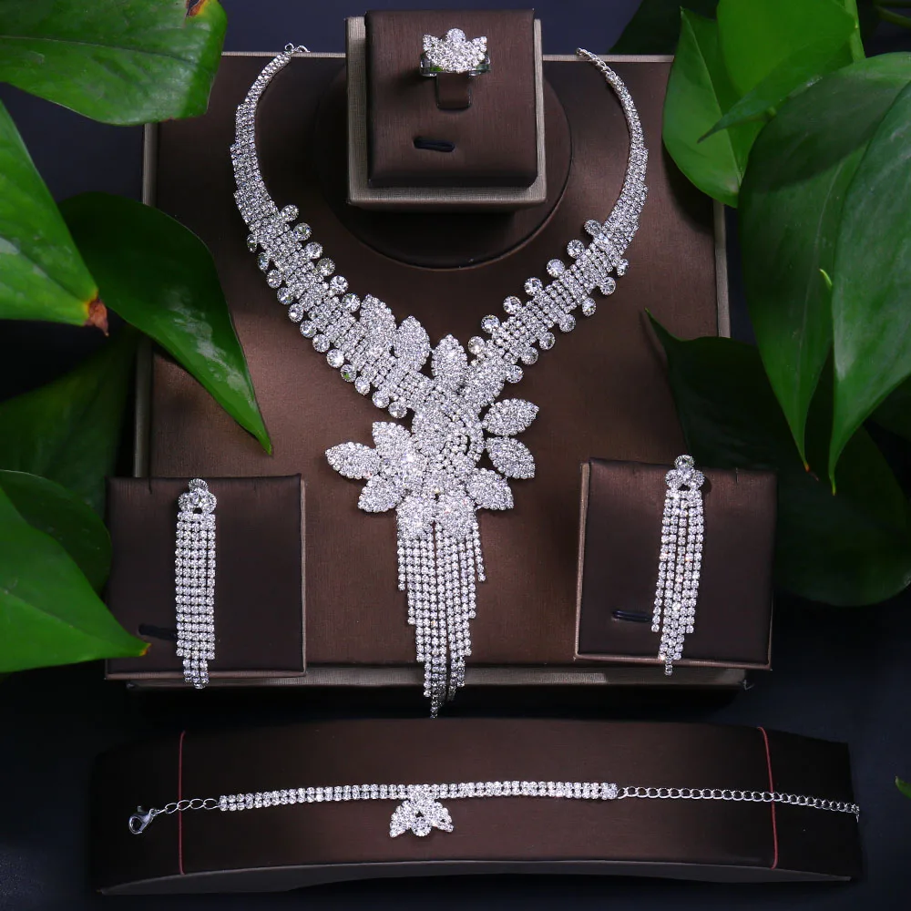 

Роскошные Ювелирные наборы Стразы с кристаллами для женщин Свадебные ювелирные изделия ожерелье серьги браслет кольцо 4 шт. ювелирные изде...