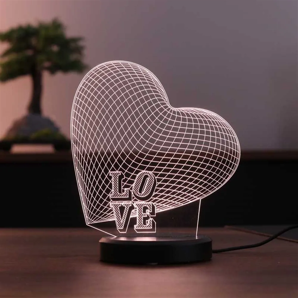 

Акриловый светодиодный ночсветильник с большим сердцем, иллюзия 3D, 12 В, адаптер, дневное освещение, дизайнерская деревянная основа, подарок ...