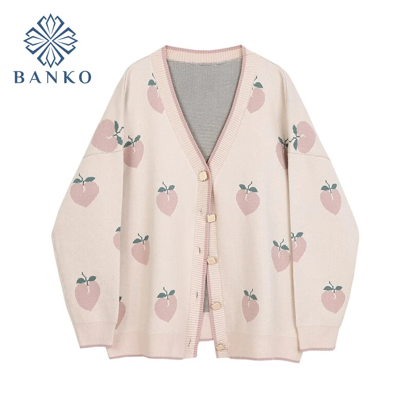 

2021 Autumn Women Cardigan Warm Knitted Sweater Jacket Peach Jacquard Fashion Knitted Cardigans Coat Ladies Loose Sweaters New