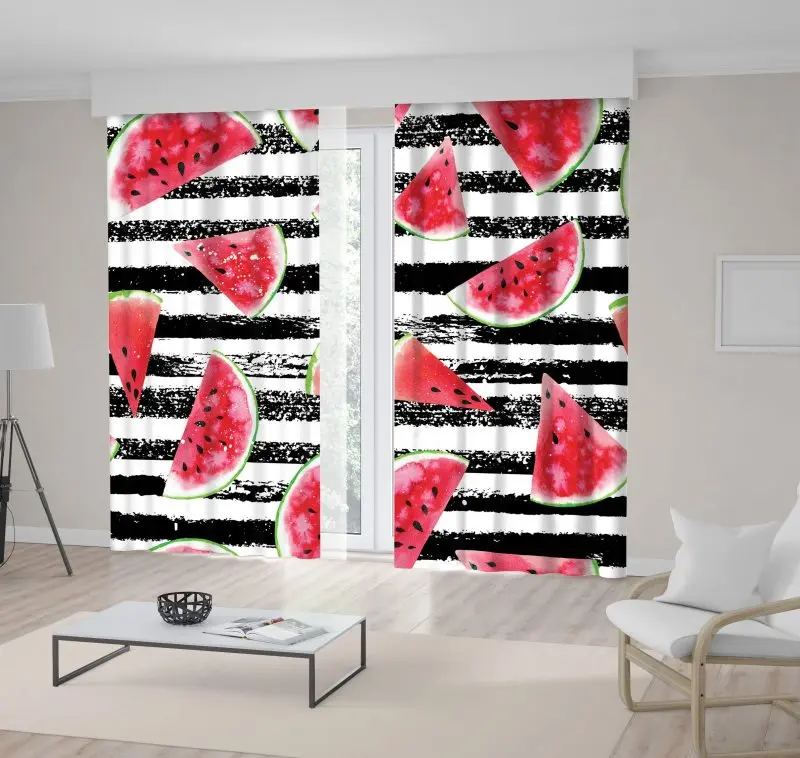 

Curtain Watermelon Slices on Horizontal Stripe Background Art Print Black White Red