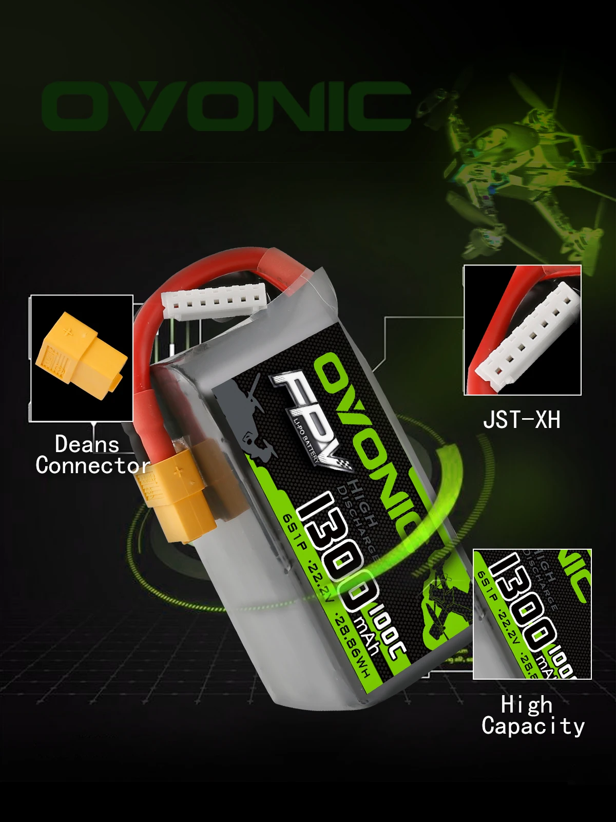OVONIC-bater&iacute;a LIPO 6S FPV para Dron de carreras, 1300mAh, 100C, 22,2 V, enchufe XT60 para cuadric&oacute;ptero, helic&oacute;ptero, UAV, bater&iacute;as de avi&oacute;n-2