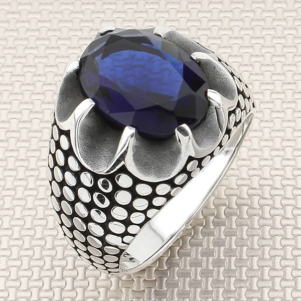 

Round Patterned Embroidered Blue Zircon Gemstone Men Ring 925 Sterling Silver Jewellery Handmade Ring Natural Gemstone Men Ring