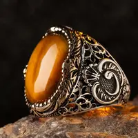 Silver Arabic Letter V Mens Ring with Brown Tigereye Stone Fashion Turkish Premium Quality Handmade Jawelery