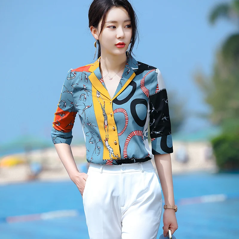 

Lenshin Half sleeve Multicolor print Shirts for Women soft Blouse Work Wear Office Lady Summer Female Tops Chemise