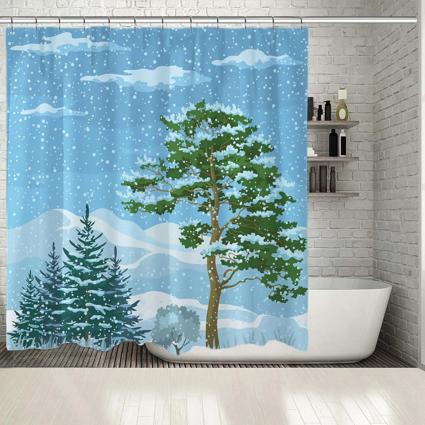 

Shower Curtain Winter Mountain Landscape with Pine Trees Firs Green Grass and Blue Sky with Snow and Clouds Printed