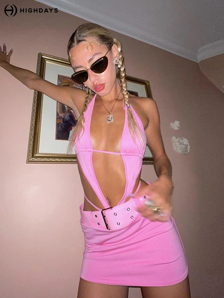 

Highdays Women's Solid Color Halter Mini Skirt Sexy Deep V Top Bikini Style Nightclub Cocktail Party Mini Dress Summer
