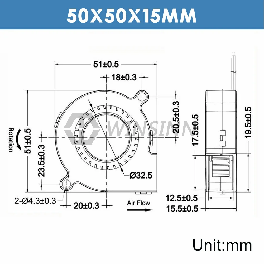 WINSINN 50mm Fan 5V 12V 24V 3D Printer Micro Blower 5015 Hydraulic / Dual Ball Bearing Brushless Cooling 50x15mm 2PIN |