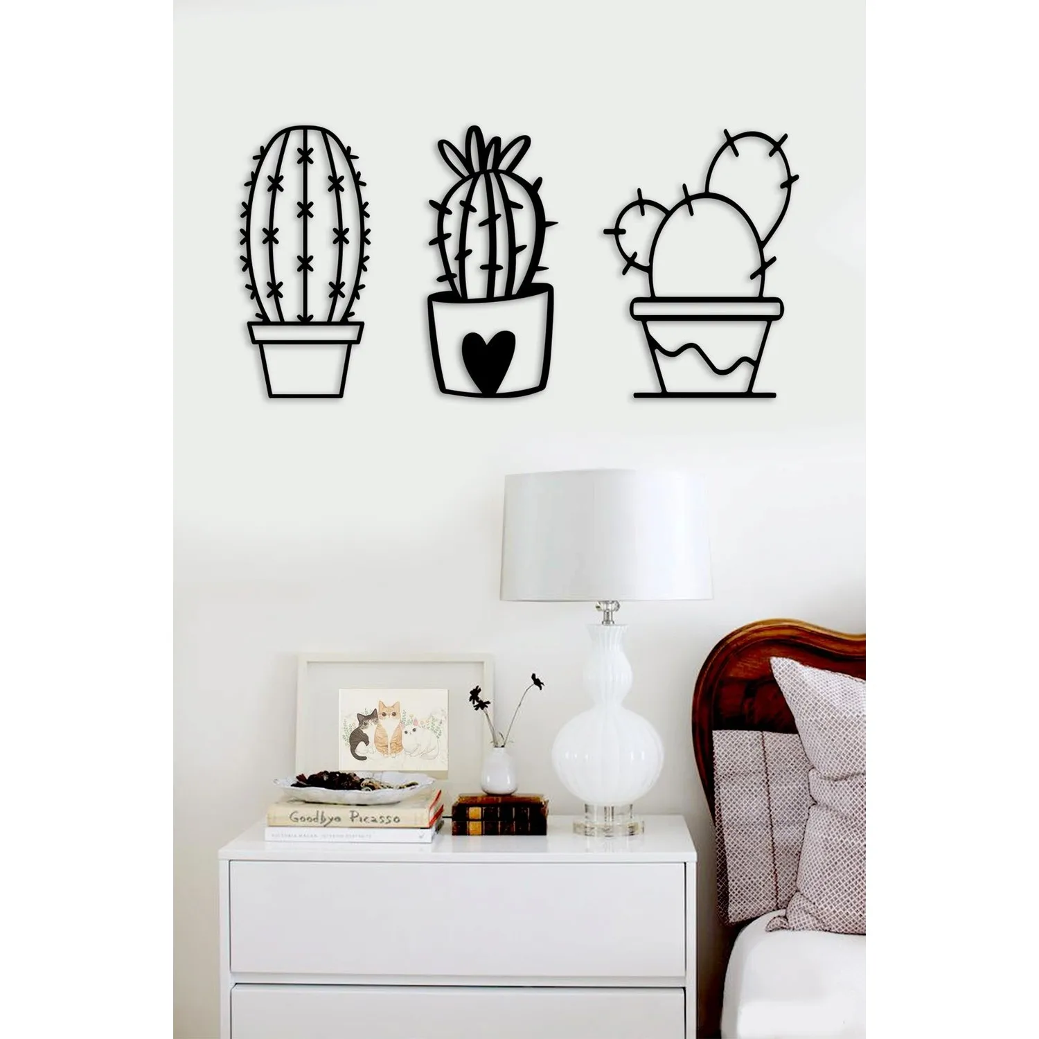Wooden Wall Art Decor Cactus Flowers Black Natural Home Living Room Bedroom Kitchen Office Decorations Sticker Nature Gifts 2022