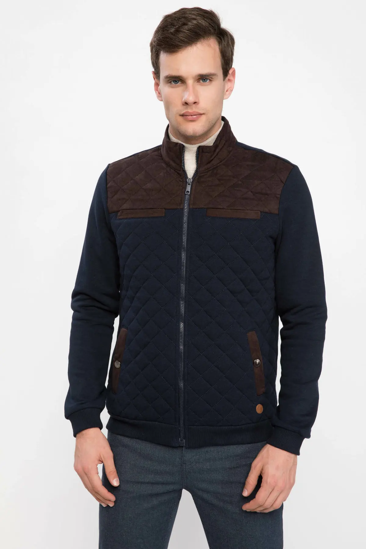 Дефакто модная Мужская Лоскутная куртка на молнии со стоячим воротником