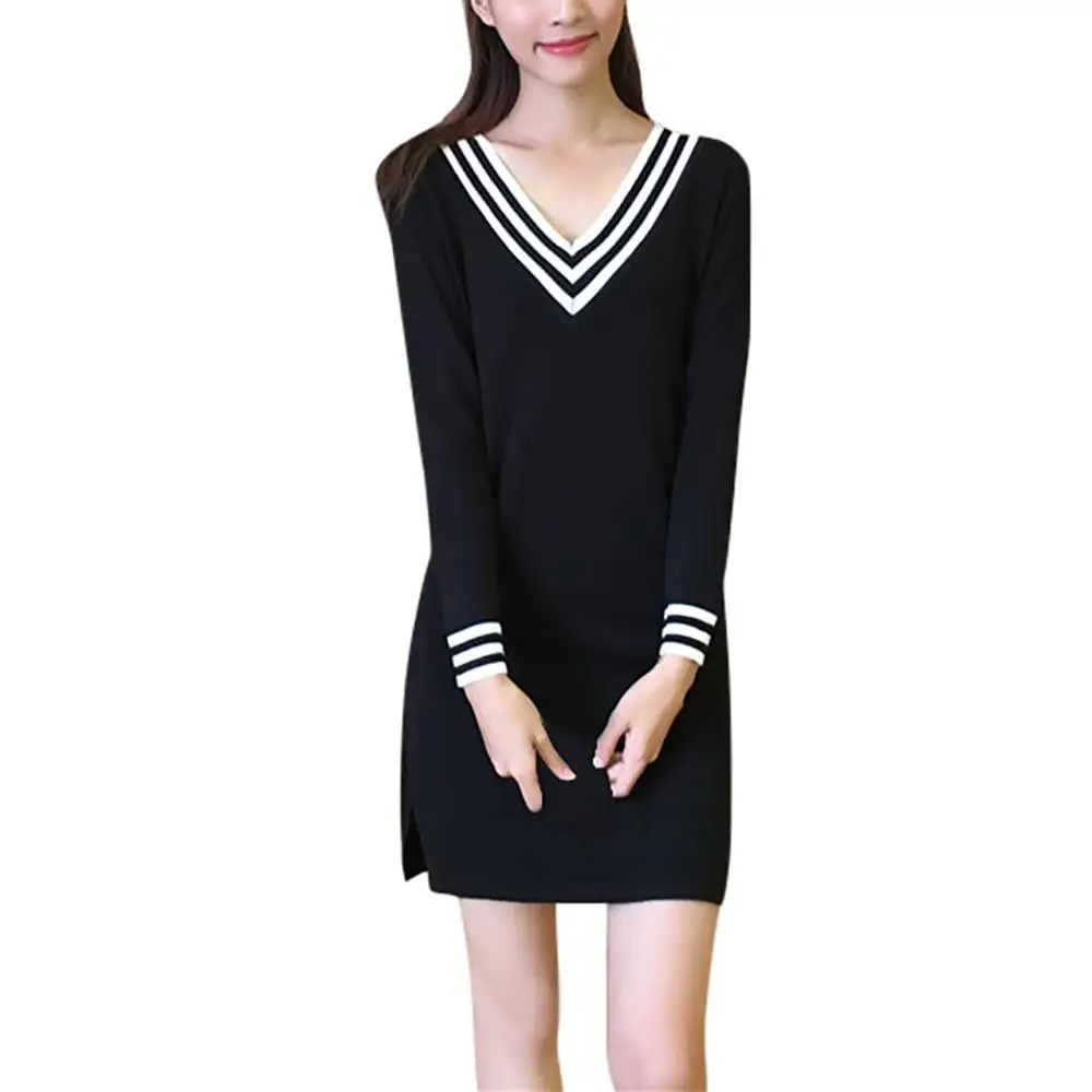 Women Dress Winter Autumn Korean Elegant V Neck Long Sleeve Sweater Female Casual straight Slip Mini Knitted Dresses | Женская одежда