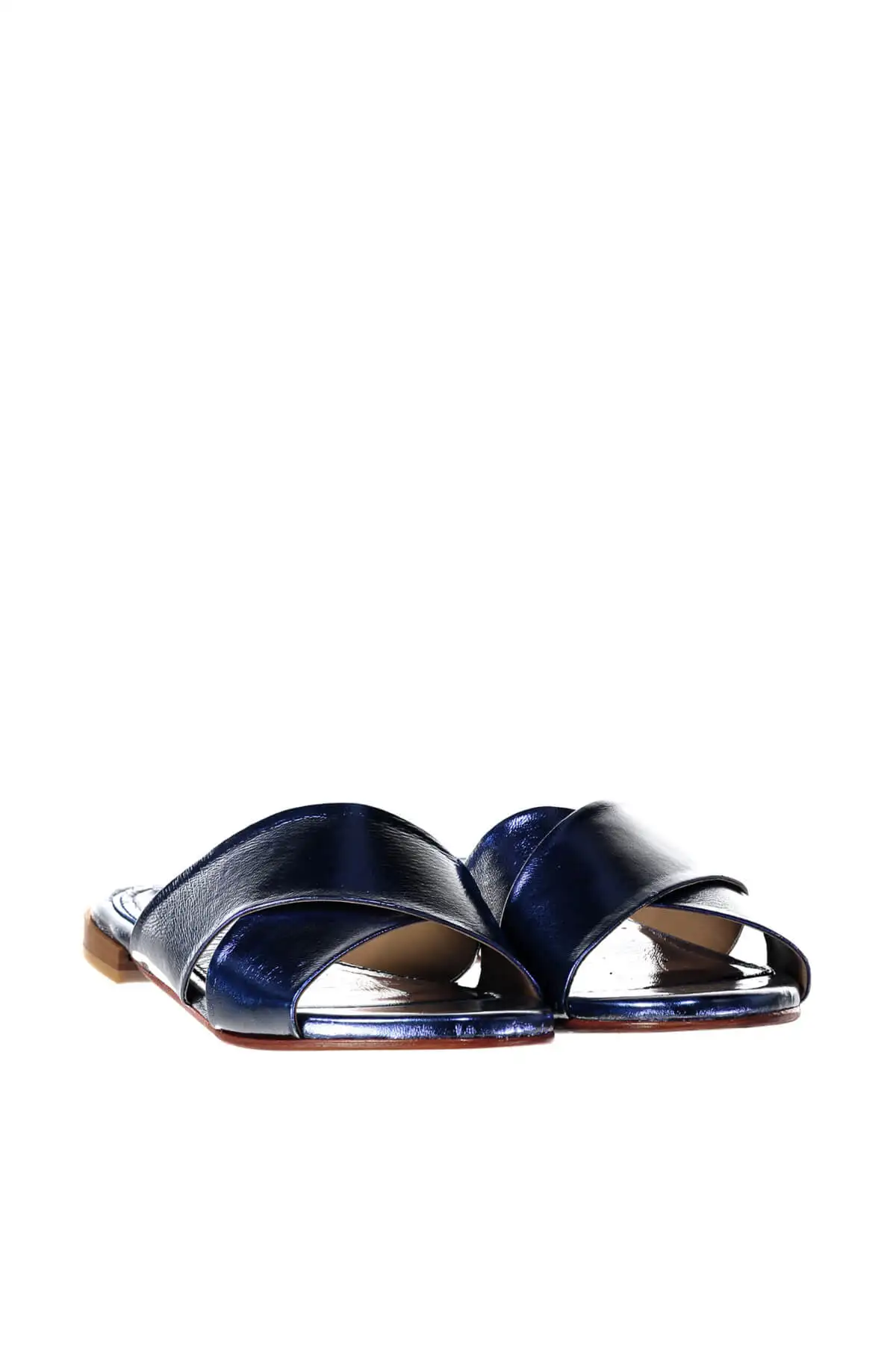 Женские тапочки синего цвета из натуральной кожи с жемчугом 120130005467 | Обувь