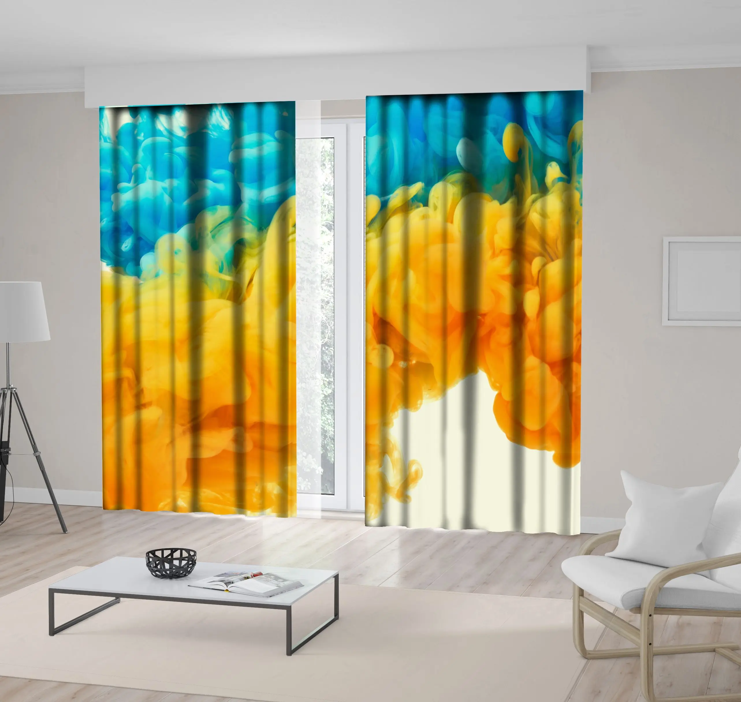 

Curtain Paint Ink in Flowing Water Bright Colors Liquid Dye Abstract Contemporary Artwork Blue Yellow