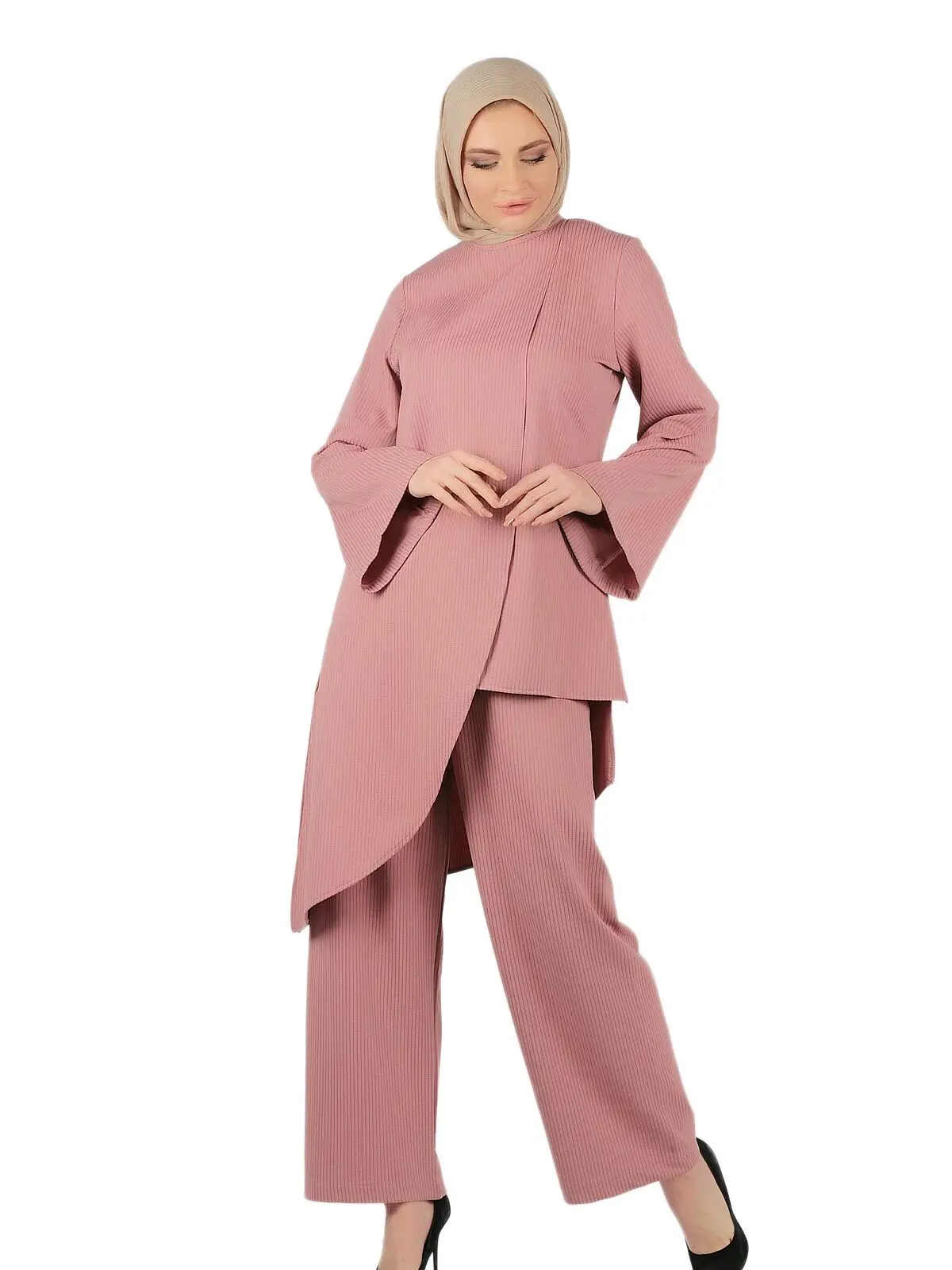 Asymmetric Cut Muslim Women Dress Sets Suit Bottom Top Ladies Denim Pants Casual Islamic Turkey Clothing Dubai