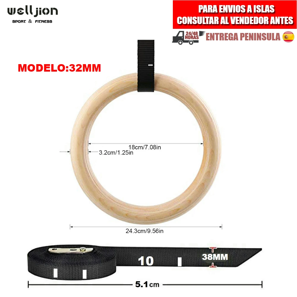 

2 PCs gymnastic rings adjustable strap with buckle, Wood, 28-32 MM thickness, Pull-up, CrossFit, Fitness, free shipping