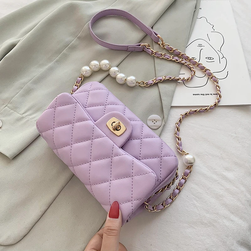 

Stitched pearl chain pu leather solid color shoulder bag women 2020 fashion small shoulder bag women handbag and wallet