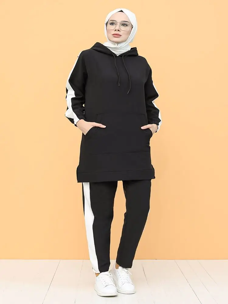 

Kangaroo Pocket Tracksuit Suit 2 Piece Women Sets Hooded Sweat Oversize Casual Modest Clothing For Islamic Women Muslim Fashion