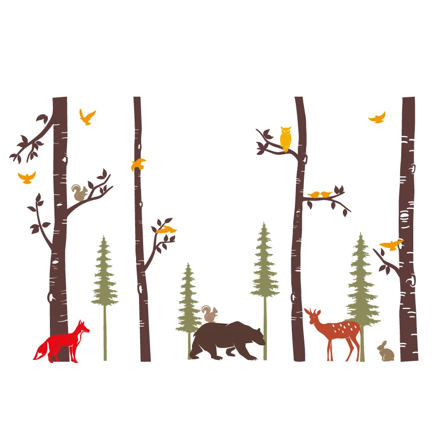 Forest Birch Tree Wall Decal with Animals Baby Nursery Stickers Pine and Trees | Дом и сад