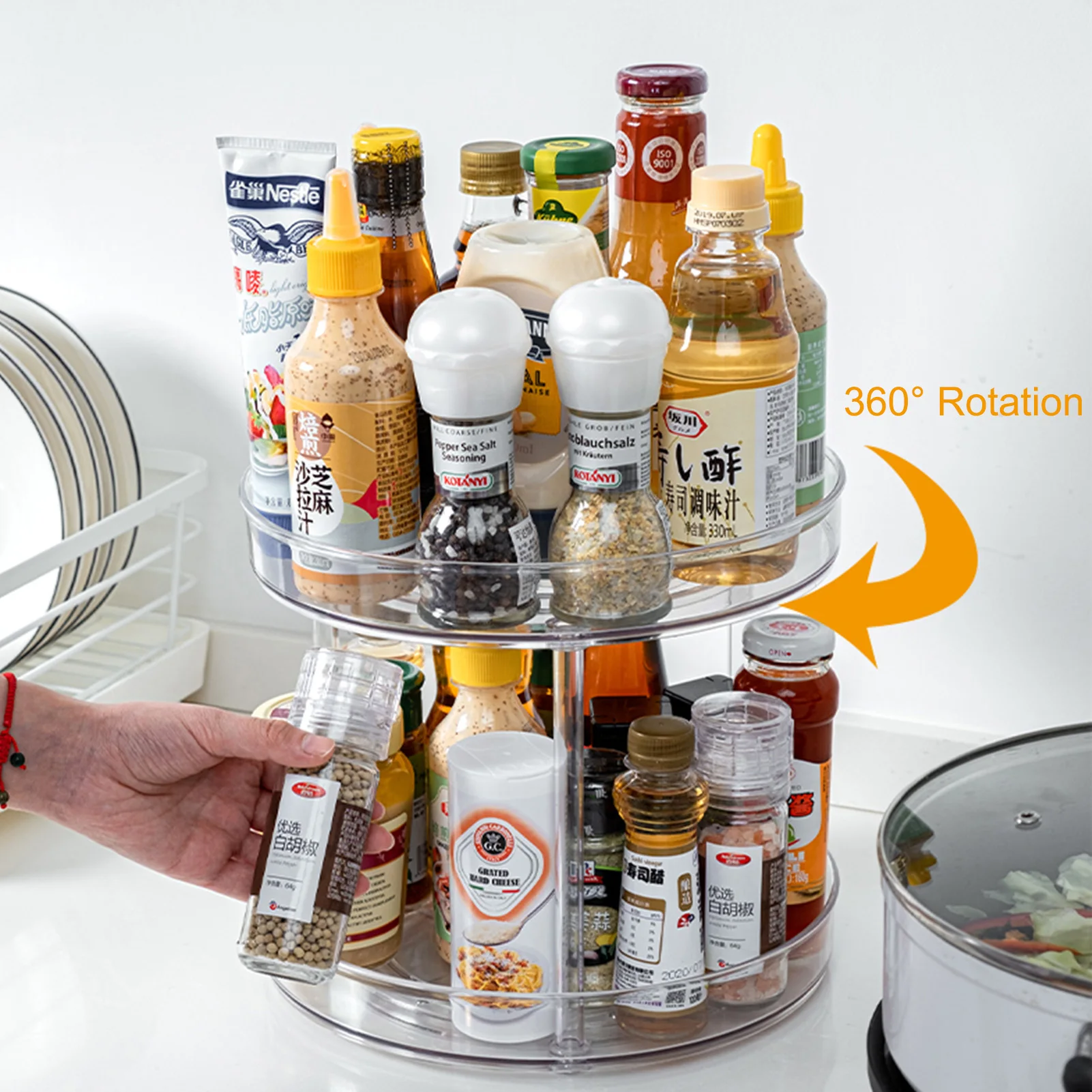

Three-layer Transparent 360Â° Rotating Storage Rack Round Tray Fruit Plate Kitchen Seasoning Bottles Beverage Storage Container
